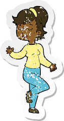 retro distressed sticker of a cartoon dancing woman
