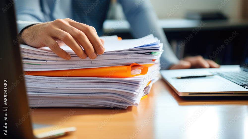 Poster Close-up of a man working with a stack of documents and reports on his office desk