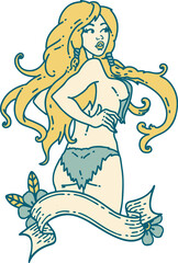 tattoo in traditional style of a pinup viking girl with banner