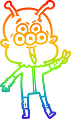 rainbow gradient line drawing of a happy cartoon alien waving peace gesture