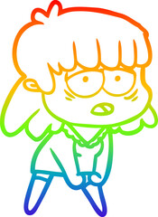 rainbow gradient line drawing of a cartoon tired woman