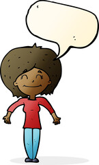 cartoon woman shrugging shoulders with speech bubble