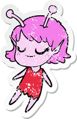 distressed sticker of a smiling alien girl cartoon floating