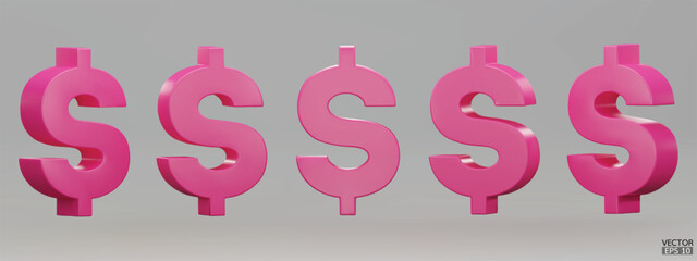 Set of pink US dollar currency symbol isolated on gray background. Pink dollar sign. 3D signs money currency sign. 3D vector Illustration.
