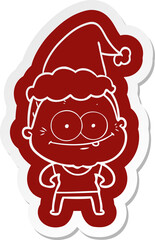 quirky cartoon  sticker of a happy old woman wearing santa hat