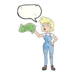 freehand speech bubble textured cartoon confident farmer woman with money