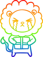 rainbow gradient line drawing of a cartoon crying lion with gift