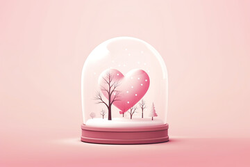 Illustration where two adorable hearts are depicted inside a snow globe, set against a soft pink background.