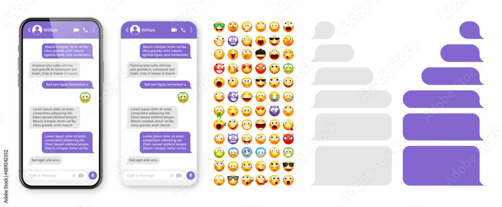 Wall mural smartphone messaging app, user interface design with emoji. sms text frame. chat screen with violet 