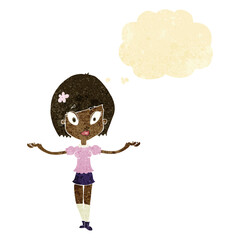 cartoon woman making balancing gesture with thought bubble