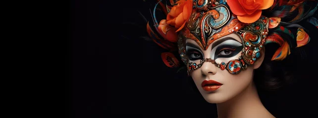 Gardinen A woman in a carnival mask and costume on a black background © Katya