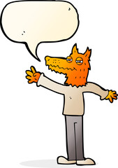 cartoon waving fox with speech bubble