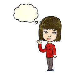cartoon woman waving with thought bubble