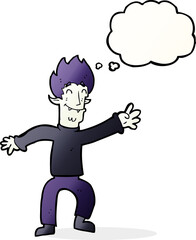 cartoon happy vampire man with thought bubble