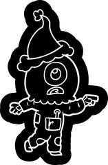 quirky cartoon icon of a cyclops alien spaceman pointing wearing santa hat