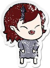 distressed sticker of a cartoon laughing vampire girl