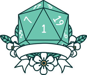 Retro Tattoo Style natural one d20 dice roll