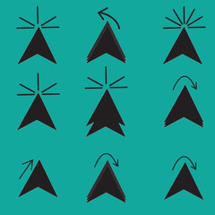  Pointer cursor icons. Computer web arrows mouse cursors and clicking line pointer cursor selecting. Pixel hand, pointer hand, arrow and hourglass logo vector isolated icons set