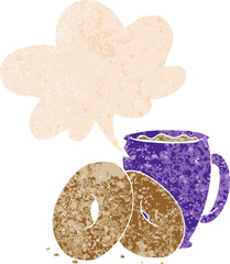 cartoon coffee and donuts with speech bubble in grunge distressed retro textured style
