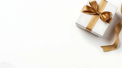 Obraz na płótnie Canvas White gift box with golden ribbon on the white background, copy space. Happy holidays concept.