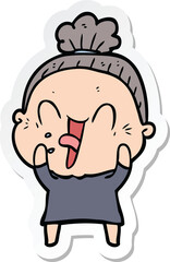 sticker of a cartoon happy old woman