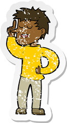 retro distressed sticker of a cartoon man with idea