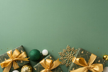Festive vibes for the holiday season. Top view of presents adorned with ribbons, lavish baubles,...