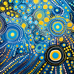 A beautiful composition of colorful circles, lines, dots. blue, yellow, black, orange color. Australian pattern