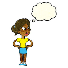 cartoon woman with hands on hips with thought bubble