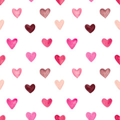 Red and Pink pastel watercolor hearts seamless pattern. Valentines day decor for cards, fabric, wrapping paper, scrapbooking. Hand painted