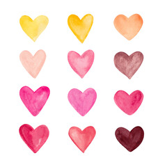 Red, Pink and Yellow pastel watercolor hearts. Valentines day decor for cards, fabric, wrapping paper, scrapbooking. Hand painted