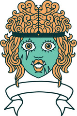 Retro Tattoo Style orc barbarian character face with banner