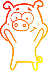 warm gradient line drawing of a happy cartoon pig