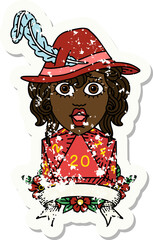 Retro Tattoo Style human bard character with natural 20 dice roll