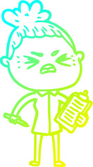 cold gradient line drawing of a cartoon angry woman
