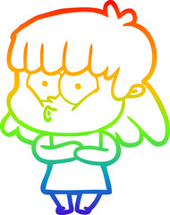 rainbow gradient line drawing of a cartoon whistling girl