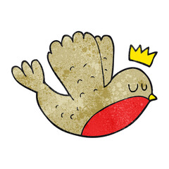freehand textured cartoon flying christmas robin with crown