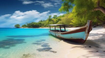 Fototapeta na wymiar Caribbean sea and boat on the shore of an exotic tropical island.