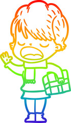 rainbow gradient line drawing of a cartoon woman talking