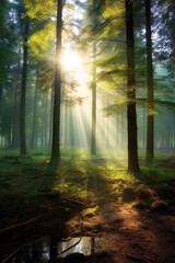 beautiful magic forest in the sunny foggy view. Sunlight in the green forest. Vertical orientation