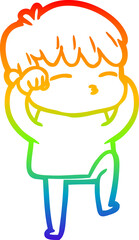rainbow gradient line drawing of a cartoon curious boy