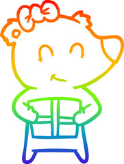 rainbow gradient line drawing of a female polar bear with christmas present