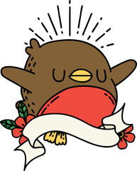 scroll banner with tattoo style flapping robin