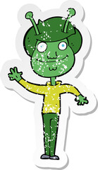retro distressed sticker of a cartoon space alien