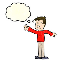 cartoon worried man reaching with thought bubble