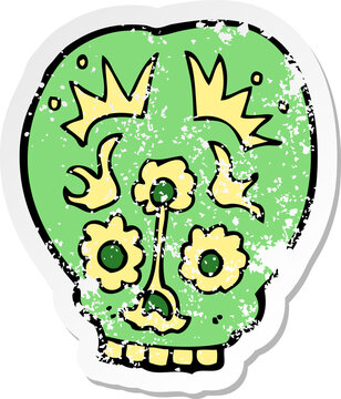 retro distressed sticker of a cartoon sugar skull