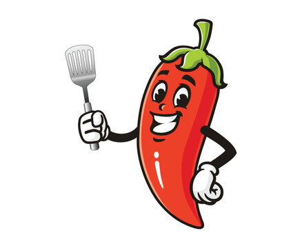 recommend clip art: chili with spatula cartoon mascot illustration character vector clip art