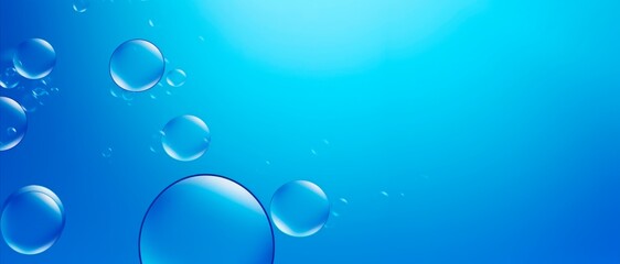 Fresh crystal-clear blue water bubbles abstract horizontal wallpaper wellnes, refreshment and cosmetics concept, copy space for text