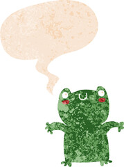 cartoon frog with speech bubble in grunge distressed retro textured style