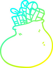 cold gradient line drawing of a cartoon bag of christmas presents